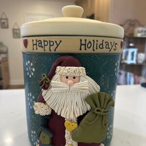 Happy Holidays Santa Cookie Jar Canister Christmas country folk